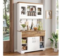 Buffet Haut de Cuisine 106x39x176,5 cm, LEMLIT Vaisselier Multi-Rangements, 2 Tiroirs, Portes Vitrées, Crochets - Blanc et Bois