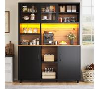 Buffet Haut de Cuisine - Armoire de Salon Moderne -Meuble de Rangemen avec étagères réglables et éclairage LED -140x40x185cm-noir