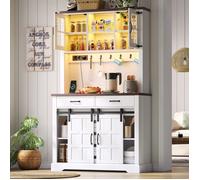 Buffet Haut de Cuisine - avec LED et Prise - Vaisselier Blanc - 6 Tiroirs - Plan de Travail et Rangements