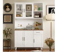 Buffet haut de cuisine/salon 114x40x190 cm avec 5 portes 1 tiroir 2 niches vitrines en verre bois blanc et brun
