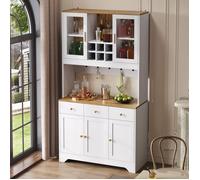 Buffet Haut design Contemporain avec 5 Portes, 1 Tiroir et 1 Compartiment Ouvert, Meuble Salon Salle à Manger, Blanc et Bois
