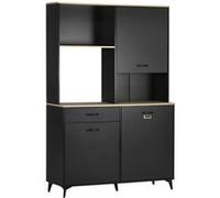 Buffet haut design industriel multi-rangement - 3 portes avec étagère, tiroir, niche, grand plateau - piètement métal noir aspect chêne clair Noir G