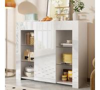 Buffet haut en bois laqué blanc brillant, avec étagères en verre et design moderne, idéal pour le salon