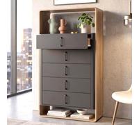 Buffet haut HWC-P43, buffet haut, commode, 5 tiroirs, MDF, 155 x 80 x 41 cm aspect chêne Rivera, gris foncé