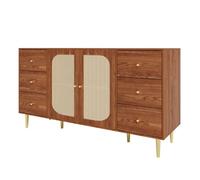 Buffet haut MDF marron effet bois - 6 tiroirs et 2 portes en cannage - 160 x 40 x 90 cm
