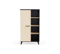 Buffet haut meuble de rangement 1 porte 4 niches couleur chêne / anthracite - Largeur 83 x Profondeur 39,2 x Hauteur 153,9 cm