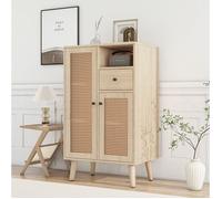 Buffet haut meuble de rangement 2 portes 1 tiroir niche ouverte effet rotin décor chêne clair 60 x 40 x 101 cm ORVRYN
