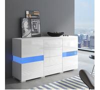 Buffet haut meuble de rangement avec lumière LED 16 couleurs, télécommande, 2 portes vitrées et 4 tiroirs, alimenté par USB, blanc