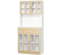HOMCOM Buffet Haut de Cuisine Armoire de Cuisine Multi-Rangement 4 Portes vitrine Verre avec étagère tiroir Coulissant Grand Plateau en Bois Blanc Aspect chêne Clair