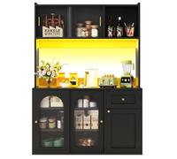 Buffet Haut Noir avec LED, Vaisselier Armoire Moderne en MDF avec Vitrines, Étagères Réglables et Tiroirs 120x35x167cm