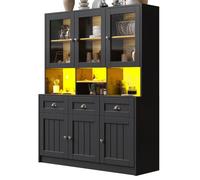 Buffet haut salle à manger -Meuble vaisselier cuisine avec éclairage LED-Armoire vitrine avec dépôts réglables,140×40×175 cm,noir