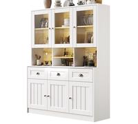 Buffet haut salle à manger -Meuble vaisselier cuisine avec éclairage LED-Armoire vitrine avec dépôts réglables,140×40×175 cm,blanc