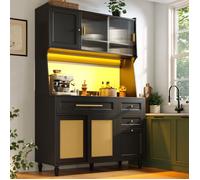 Buffet haut salle a manger -Meuble vaisselier cuisine avec éclairage LED -Armoire vitrine noir avec 3 tiroirs -120x45x195.5 cm