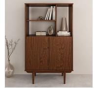 Buffet haut SIMONA 80x133 cm en Bois massif coloris châtaignier avec 2 Portes et Étagères, Vaisselier en hauteur