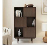 Buffet haut SIMONA 95x139 cm en bois massif coloris noyer avec 3 Portes et 3 Étagères, Vaisselier en hauteur