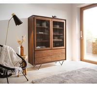 Buffet-Haut Stonegrace 120x150 cm acacia marron plaqué pierre 2 portes 4 tiroirs pied en V noir