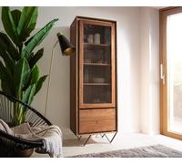 Buffet-Haut Stonegrace 60x180 cm acacia marron plaqué pierre 1 porte 2 tiroirs pied en V noir