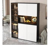Buffet Haut Vaisselier 120 cm avec Vitrine LED, Rangements Vitrés et Fermés, Noir et Blanc