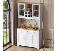 Buffet haut vaisselier vitrine 5 portes 3 tiroirs - ELVMI - MDF blanc aspect bois 94,5 x 30 x 175,5 cm