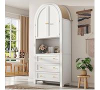 Buffet Haute Arche 70 x 35 x 180 cm avec 3 Tiroirs et Portes Courbées, Meuble de Rangement Buffet haut Vintage Blanc