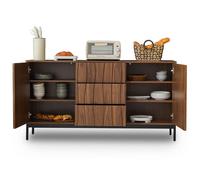 Buffet - HIBA - Style Mid-Century - 150x40x80cm - Chêne foncé - 3 tiroirs & 2 étagères réglables