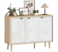 HOMCOM Buffet à Haute Brillance, 3 Portes, 107 x 35 x 77 cm, Blanc Chêne | Meuble de Rangement, Étagères Réglables, Pieds en Bois, Style Moderne, Buffet Salle à Manger, Cuisine et Salon