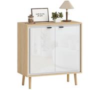 Buffet - HOMCOM - haute brillance - double porte, étagère réglable - panneau de particules et MDF - 72 x 35 x 77 cm - blanc et chêne