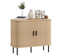 Buffet HOMCOM meuble de rangement avec portes coulissantes à lattes, armoire de cuisine avec pieds en acier, ton chêne