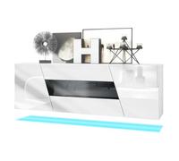 Buffet Houston VLADON - 2 portes 3 tiroirs - Blanc brillant - Noir haute brillance - LED inclus