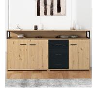 Buffet industriel 3 portes 3 tiroirs-Commode Armoire de cuisine-Buffet haut avec poignées métalliques-150x35x75.9cm Noir+Bois