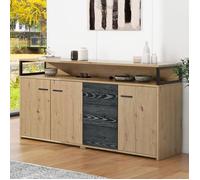 Buffet industriel 3 portes 3 tiroirs-Commode Armoire de cuisine-Buffet haut avec poignées métalliques-150x35x75.9cm Noir+Bois