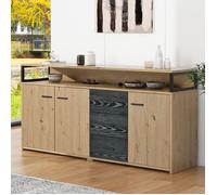 Buffet industriel à 3 Portes + 3 Tiroirs Commode Armoire de cuisine Buffet haut avec poignées métalliques 150x35x75.9cm Noir+Bois