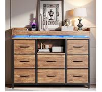 Buffet industriel, Buffet de salon, Buffet bas 8 tiroirs, Commode avec éclairage LED et USB, Etagères ouvertes, Tissu+Metal, Brun
