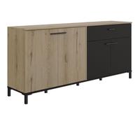 Buffet L180 x P40 x H81 cm - TRUST - Chêne / Noir - 4 portes - 1 tiroir - GAMI