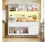 Buffet LED 145x39x171 cm, meuble haut dans le séjour avec espace de rangement, planche suspendue, vitrine blanc