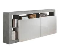 Buffet MAESTRO - Décor béton et blanc laqué brillant - 4 portes - L 184 x P 42 x H 93 cm
