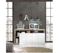 Vente-unique Buffet SEFRO - 4 Portes et 4 niches - Blanc laqué et chêne, Naturel Clair, Blanc