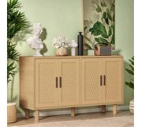 Buffet, meuble de cuisine, armoire de rangement aspect rotin à 4 portes, meuble en bois, meuble de style bohème pour chambre, salon ou entrée, naturel Caractéristiques :1. Rangement pratique : Ses 4 p