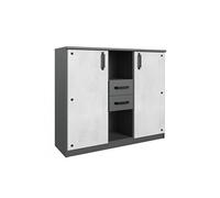 Buffet Meuble de rangement 2 portes coloris imitation beton clair/graphite - Longueur 124 x Hauteur 105 x Profondeur 41 cm --