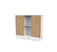 PEGANE Buffet Meuble de Rangement à 2 Portes et 2 niches centrales Coloris Blanc/chêne - Longueur 100 x Hauteur 90 x Profondeur 35 cm
