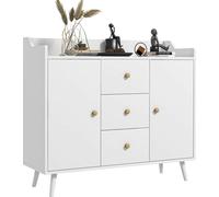 Buffet, meuble de rangement avec 2 portes, 3 tiroirs et pieds en bois massif, style moderne, 90 x 32 x 80 cm, blanc
