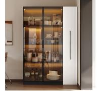 Buffet minimaliste moderne, vitrine avec porte vitrée et éclairage LED, tiroirs à tirette latérale, 110,5×35×160 cm, noir et blanc