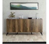 Buffet moderne 4 portes effet noyer et marbre noir UMEA