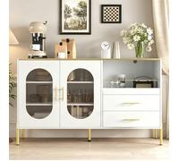 Buffet moderne avec 2 tiroirs et 2 portes en verre - Armoire de cuisine - pour salon, salle à manger - Blanc + doré 140x38x90cm