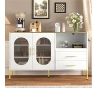 Buffet moderne blanc et or avec 2 tiroirs et 2 portes vitrées - design chic et grand volume de stockage