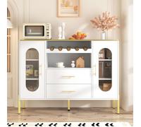 Buffet Moderne Blanc Or 120 cm 2 Portes Verre 2 Tiroirs Rangement - 120x40x80 cm