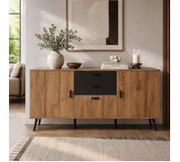 Buffet Moderne Bois et Noir 140 cm avec 2 Tiroirs de Rangement, 3 Portes et Étagères - pour Salon et Salle à Manger