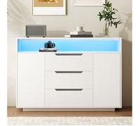 Buffet moderne, Buffet bahut de salon, 120x40x85 cm, Etagères ouvertes, 3 tiroirs 2 portes, Eclairage LED, Blanc, pour salon bureaux