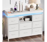Buffet moderne, Buffet de salon 8 tiroirs, Etagères ouvertes, Commode avec éclairage LED et USB, Metal, Meuble de rangement, Blanc