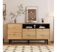 Buffet moderne en bois meuble de rangement à 3 portes avec étagères ouvertes 160 x 35 x 76 cm pieds hauts couleur bois naturel.